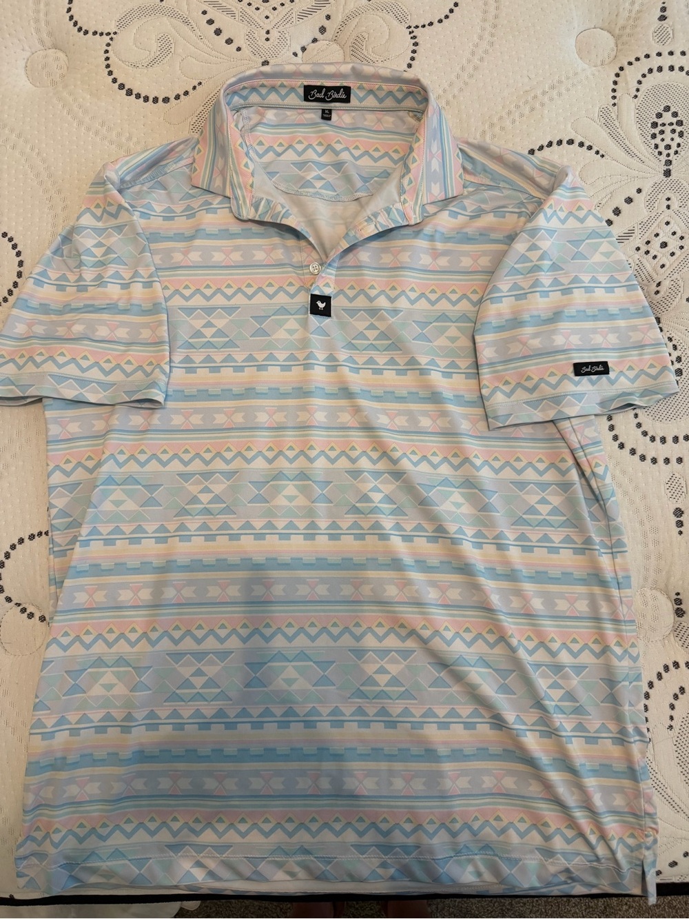 Bad Birdie Pastel Geo-Print Polo in Light Blue and Pink